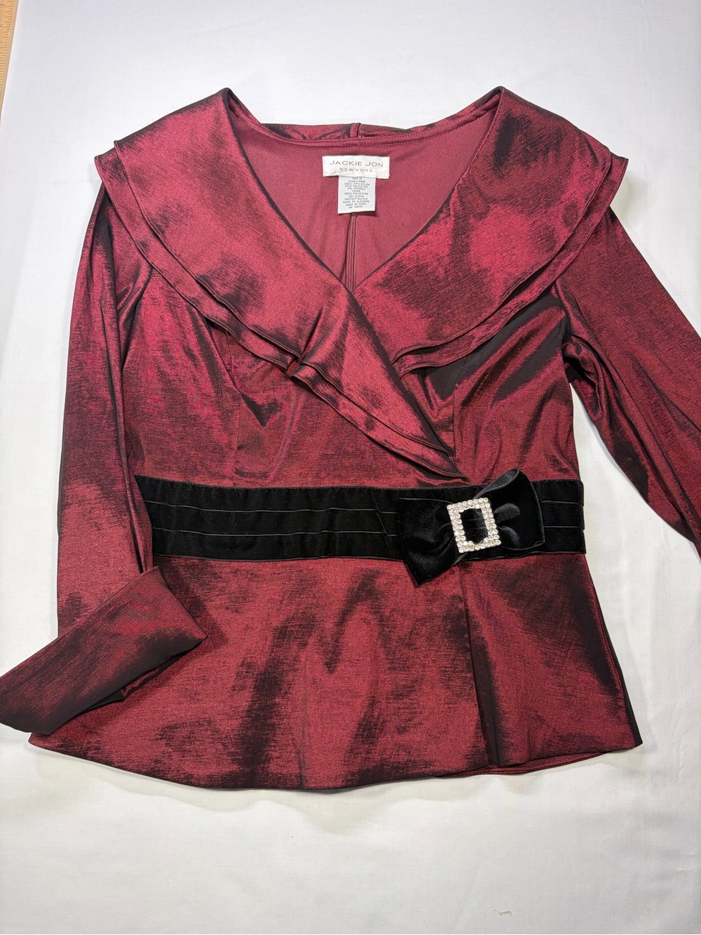 Vintage (retro 90’s)Jackie Jon Burgandy Satin Wrap Blouse with Black Velvet Belt